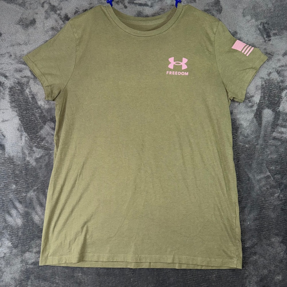 Womens XL Under Armour T-Shirt Olive Green Excellent Freedom Flag Graphic Tee
